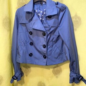 H&M BLUE CROP TRENCH-STYLE DOUBLE BREASTED JACKET POLKA-DOT LINING SZ 6